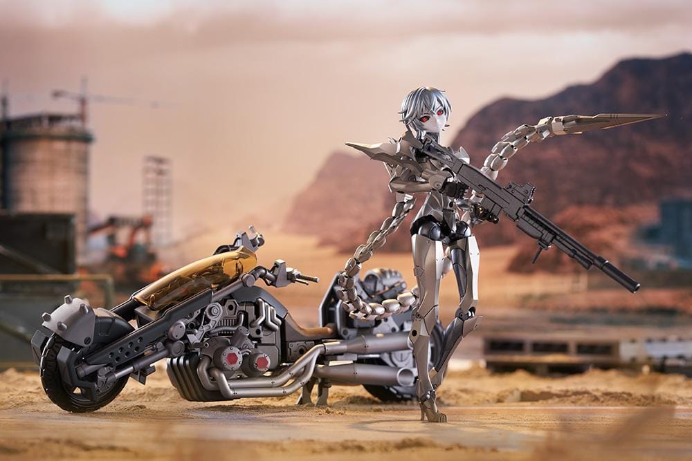 Megalomaria Unlimited Universe Wreckage Hunter model kit with white mechanical armor, a large rifle, weapon tail, and futuristic motorcycle.