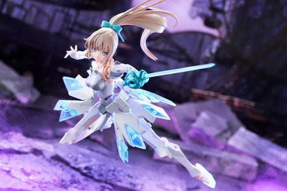 Megalomaria Unlimited Universe Emulator model kit wearing white armor with translucent teal parts and wielding teal weapons.