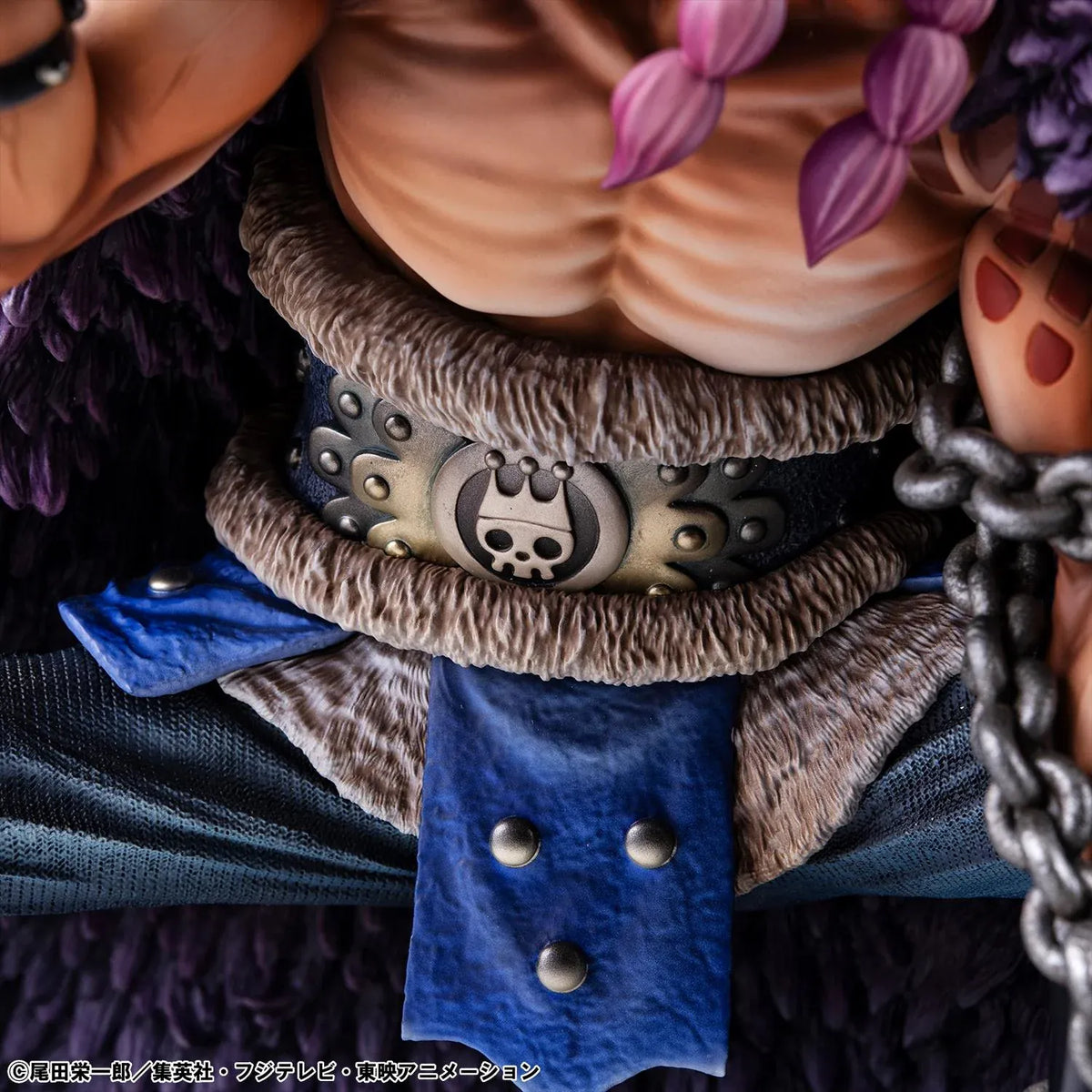 One Piece Portrait of Pirates ELB-Maximum Loki figure crouching with a massive hammer, horned helmet, pink braids, purple cloak, and chains on a rocky base.