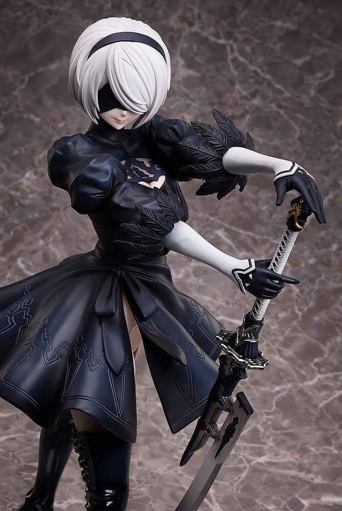 NieR:Automata Ver1.1a 2B (YoRHa No.2 Type B) 1/4 Scale Figure featuring intricate detailing, iconic black dress, and dynamic sword-wielding pose.