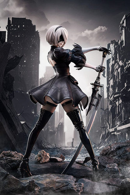 NieR:Automata Ver1.1a 2B (YoRHa No.2 Type B) 1/4 Scale Figure featuring intricate detailing, iconic black dress, and dynamic sword-wielding pose.