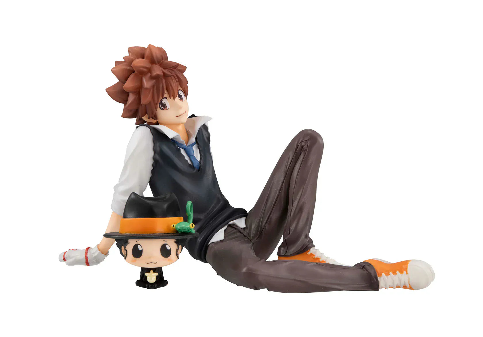 Tsuna and Reborn G.E.M. Series figure with Tsuna lounging over chibi Reborn on a hand.