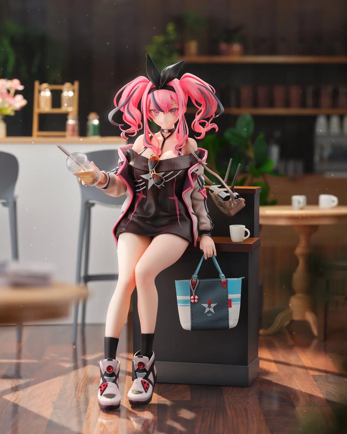 Azur Lane Bremerton Day Off Date Ver. 1/8 scale figure sitting on a café counter holding a drink with tote bag at her side