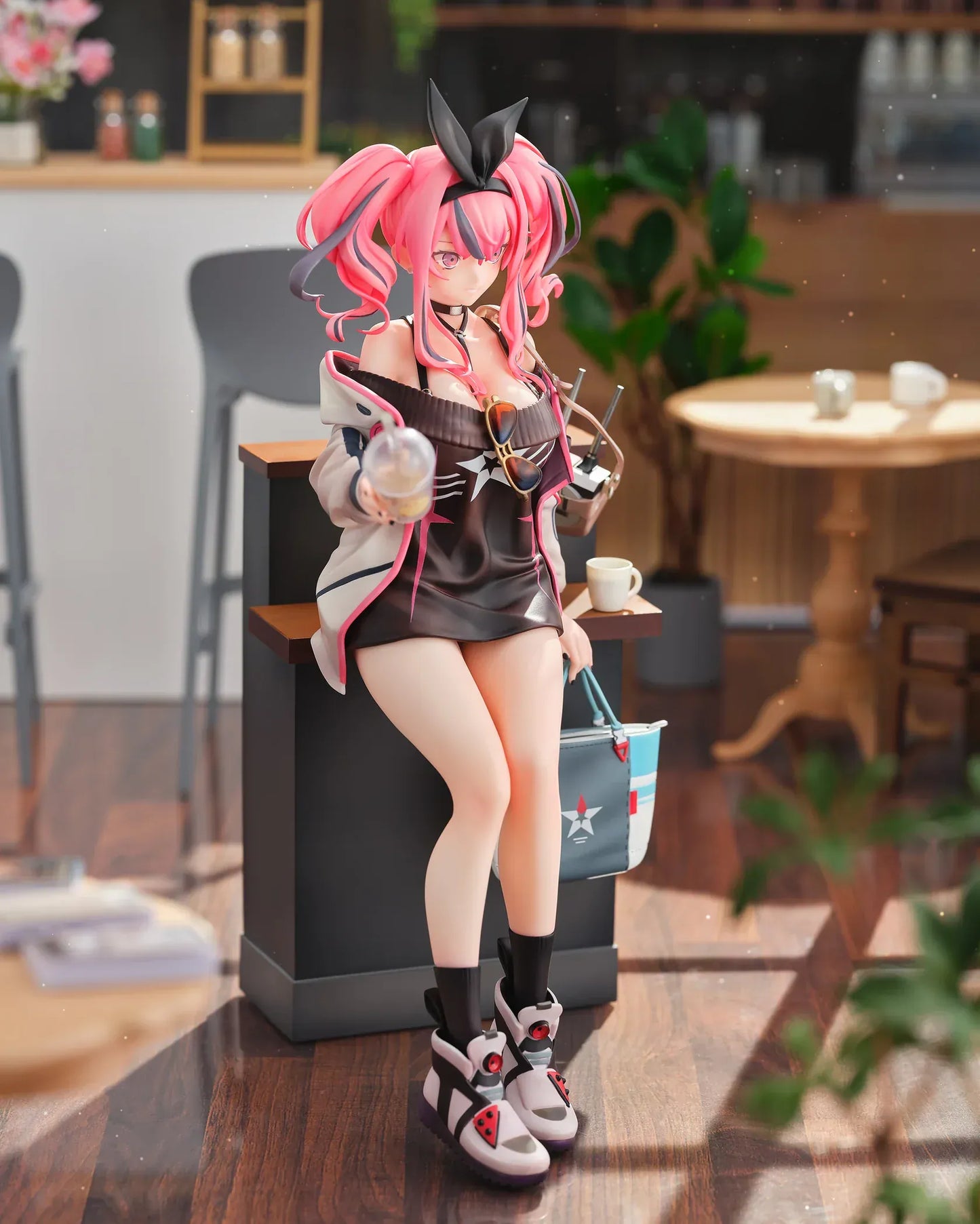 Azur Lane Bremerton Day Off Date Ver. 1/8 scale figure sitting on a café counter holding a drink with tote bag at her side