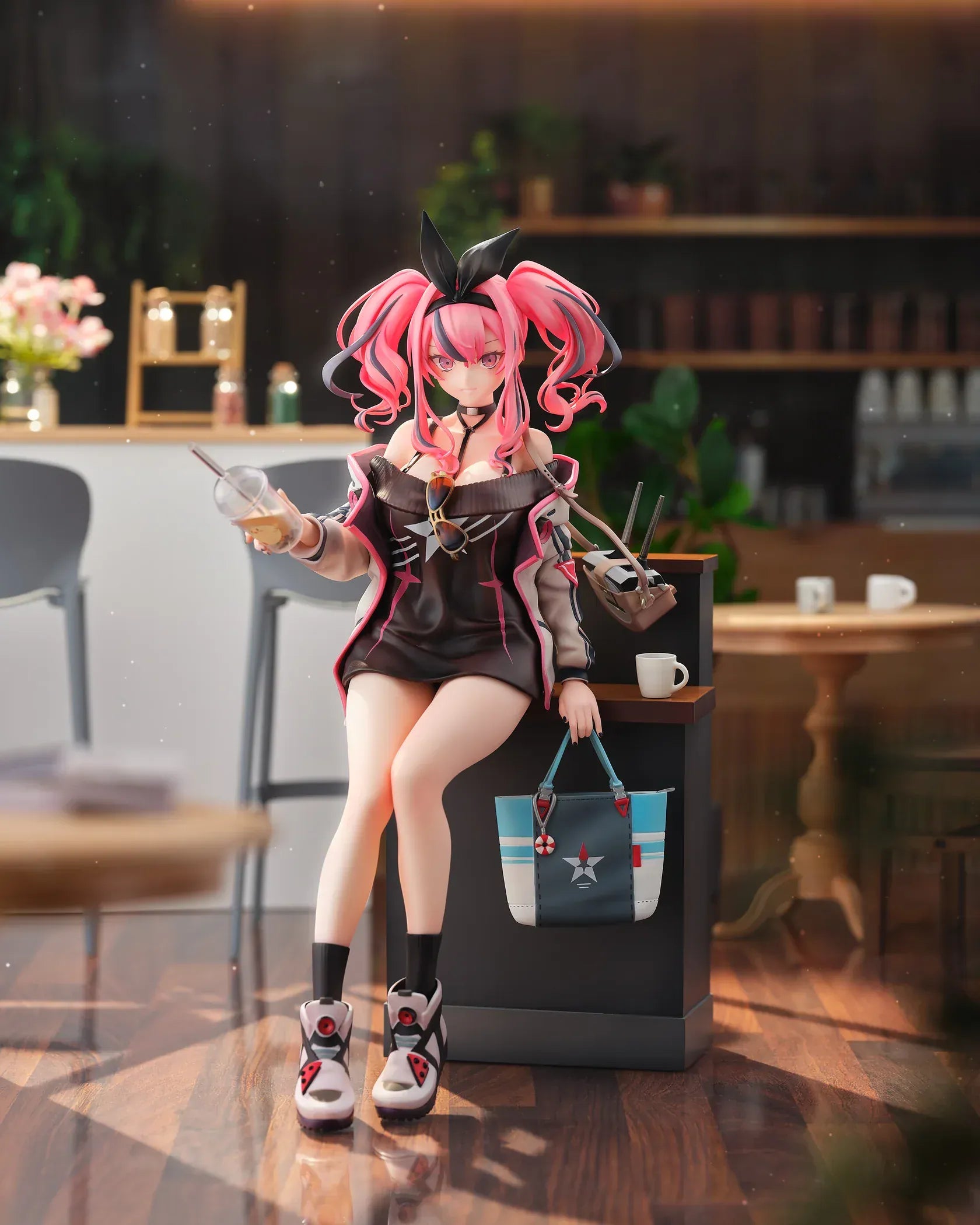 Azur Lane Bremerton Day Off Date Ver. 1/8 scale figure sitting on a café counter holding a drink with tote bag at her side