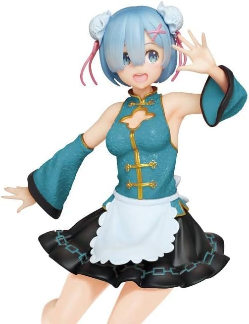 Rem figure from Re:Zero in Mandarin-style maid outfit with teal qipao dress, black frilled skirt, and white apron, posed playfully with a bright expression