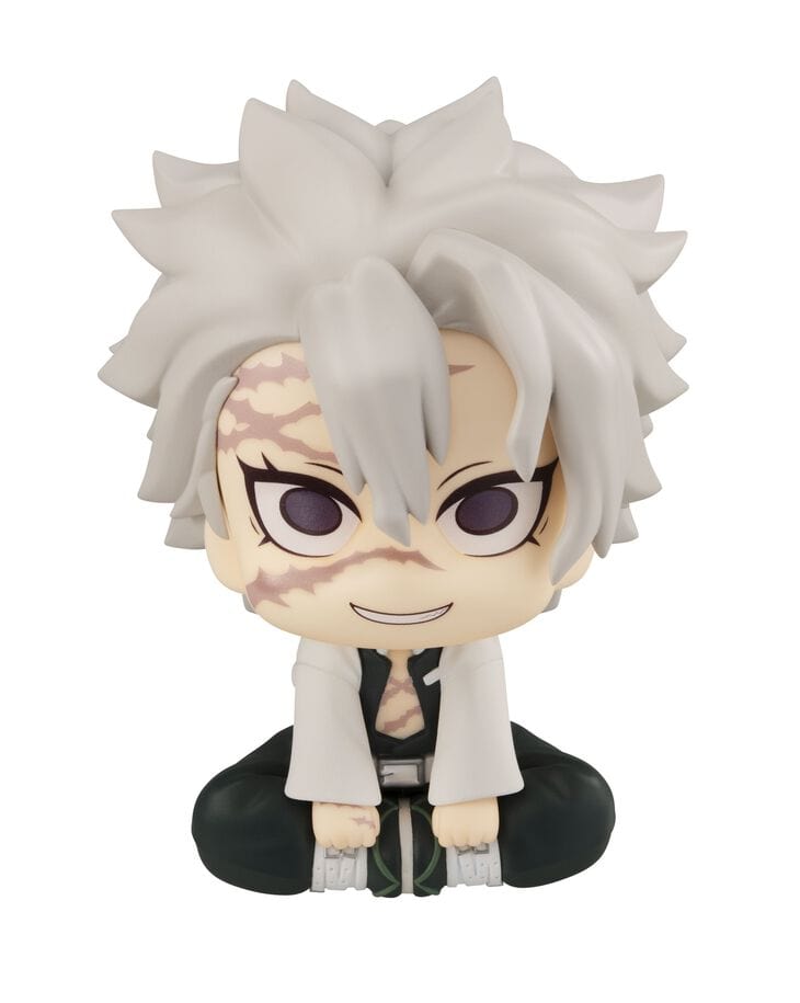 Demon Slayer Sanemi Shinazugawa Look Up Series chibi figure sitting down with silver hair and scarred face