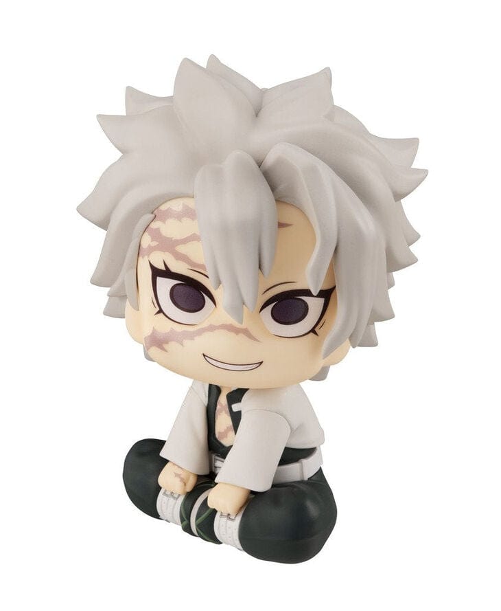 Demon Slayer Sanemi Shinazugawa Look Up Series chibi figure sitting down with silver hair and scarred face