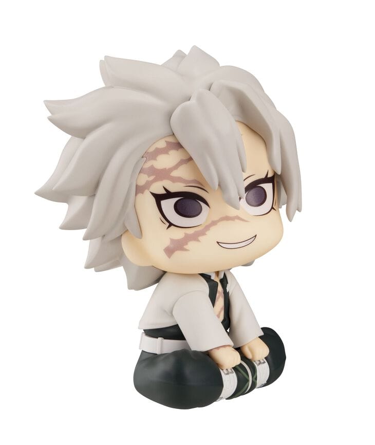Demon Slayer Sanemi Shinazugawa Look Up Series chibi figure sitting down with silver hair and scarred face