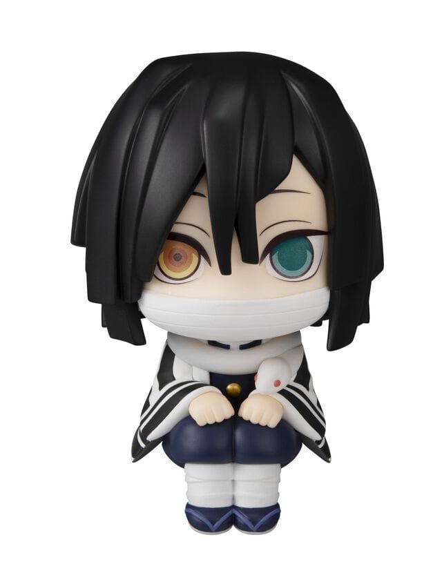 Demon Slayer Obanai Iguro Look Up Series chibi figure with mismatched eyes, bandages, and snake companion