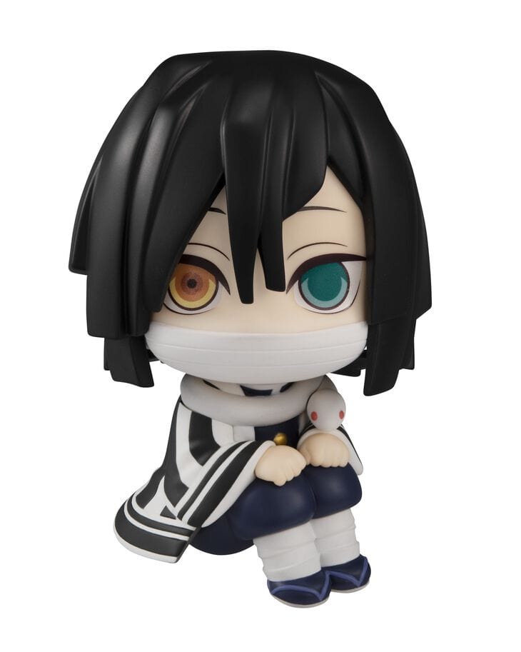 Demon Slayer Obanai Iguro Look Up Series chibi figure with mismatched eyes, bandages, and snake companion
