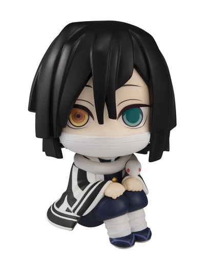 Demon Slayer Obanai Iguro Look Up Series chibi figure with mismatched eyes, bandages, and snake companion