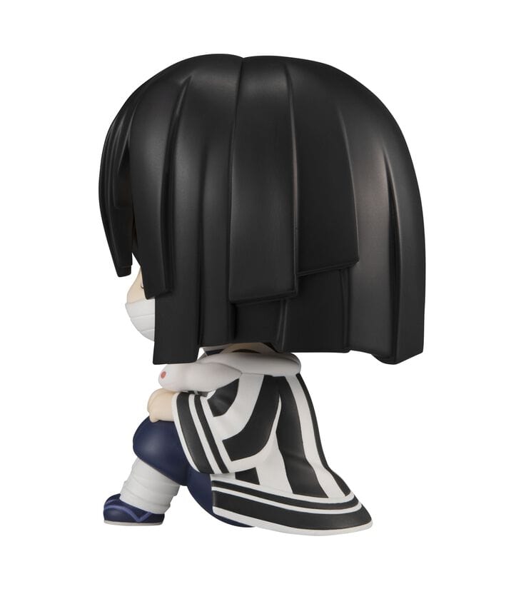 Demon Slayer Obanai Iguro Look Up Series chibi figure with mismatched eyes, bandages, and snake companion