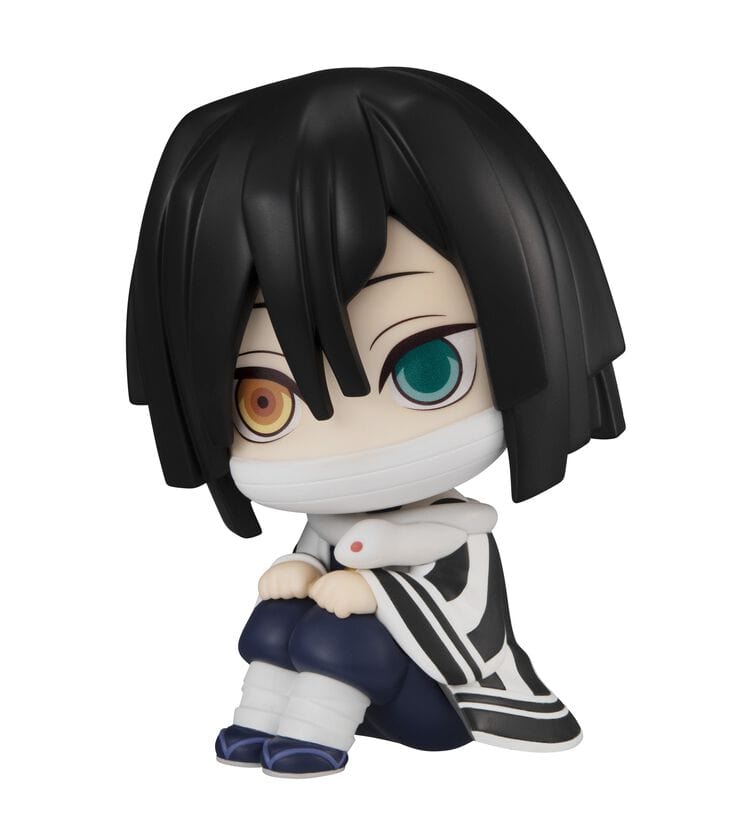 Demon Slayer Obanai Iguro Look Up Series chibi figure with mismatched eyes, bandages, and snake companion