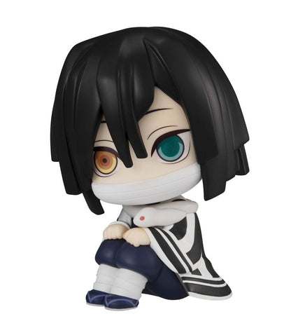 Demon Slayer Obanai Iguro Look Up Series chibi figure with mismatched eyes, bandages, and snake companion