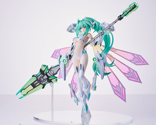 Hyperdimension Neptunia Green Heart 1/7 Scale Figure featuring Green Heart in her armor with vibrant green hair and intricate details, holding a large weapon and standing on a display base.