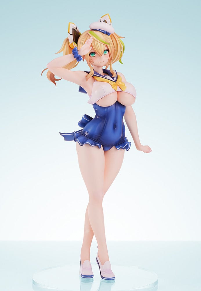 Phantasy Star Online 2 es Cool Breeze Gene (Summer Vacation) 1/7 Scale Figure, posed with a jaunty salute, wearing a blue swimsuit with white trim, and a captain's hat, radiating the joy and relaxation of summer.