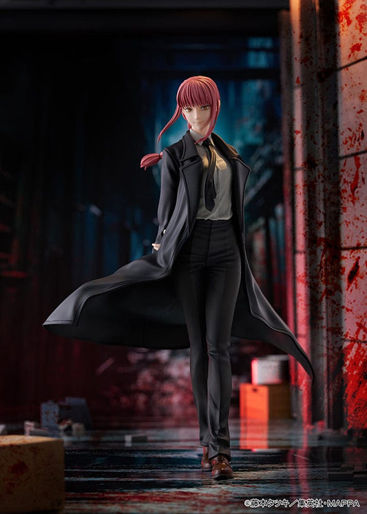 Chainsaw Man Makima 1/7 Scale Figure in black suit and trench coat, walking confidently with dramatic base design in a dark, bloodstained setting.