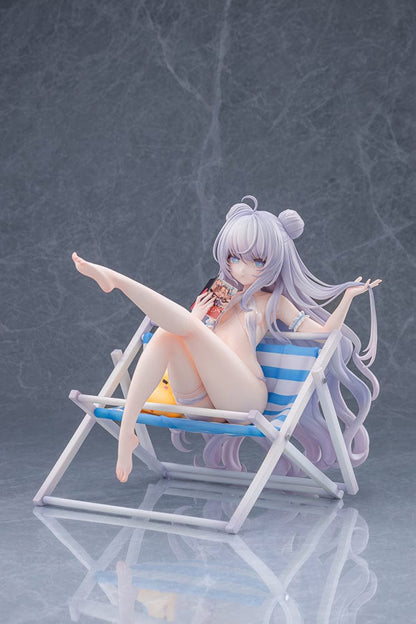 Azur Lane Le Malin (Mercredi at the Secret Base Ver.) 1/6 Scale Figure featuring Le Malin lounging in a striped beach chair with flowing silver hair and a delicate swimsuit.