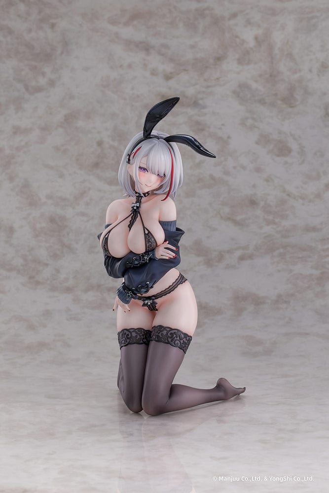 “Azur Lane Duisburg (Endurance Training Gone Wrong Ver.) 1/6 scale figure—silver-haired girl with red streak, glossy bunny ears, lace lingerie outfit and thigh-highs, kneeling on display base.”