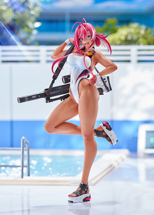 Arms Note Swim Team Anego-chan figure in a white swimsuit, pink hair, holding a large weapon on her back, standing on one leg with stylish platform sandals.