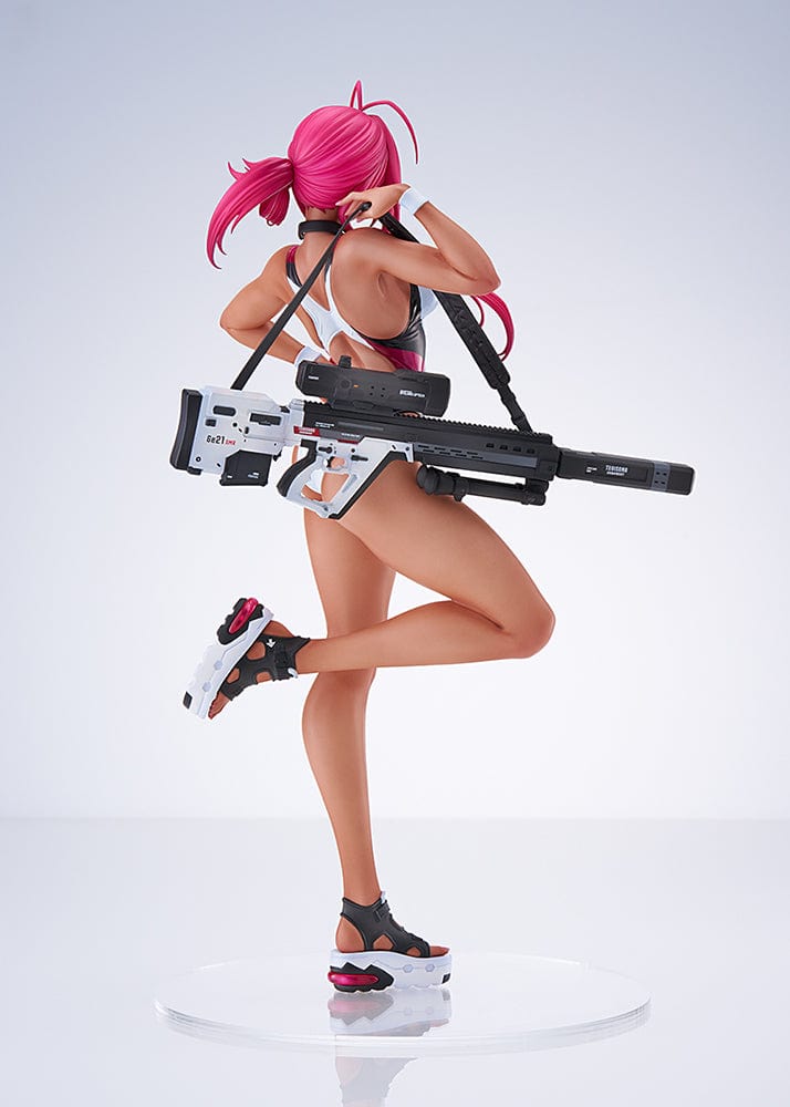 Arms Note Swim Team Anego-chan figure in a white swimsuit, pink hair, holding a large weapon on her back, standing on one leg with stylish platform sandals.