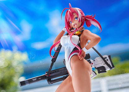 Arms Note Swim Team Anego-chan figure in a white swimsuit, pink hair, holding a large weapon on her back, standing on one leg with stylish platform sandals.