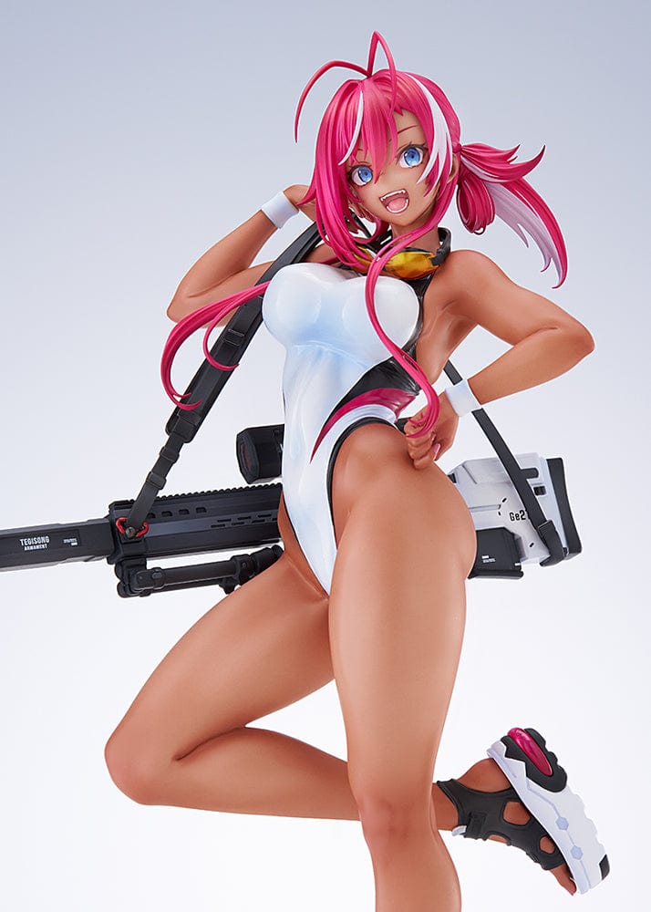 Arms Note Swim Team Anego-chan figure in a white swimsuit, pink hair, holding a large weapon on her back, standing on one leg with stylish platform sandals.