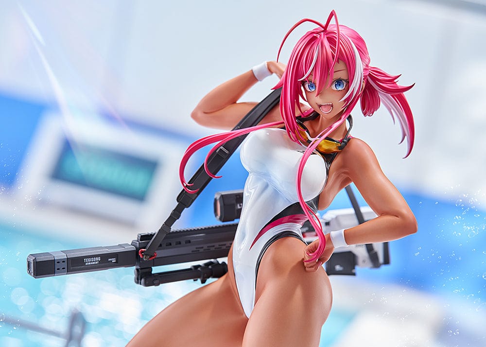 Arms Note Swim Team Anego-chan figure in a white swimsuit, pink hair, holding a large weapon on her back, standing on one leg with stylish platform sandals.