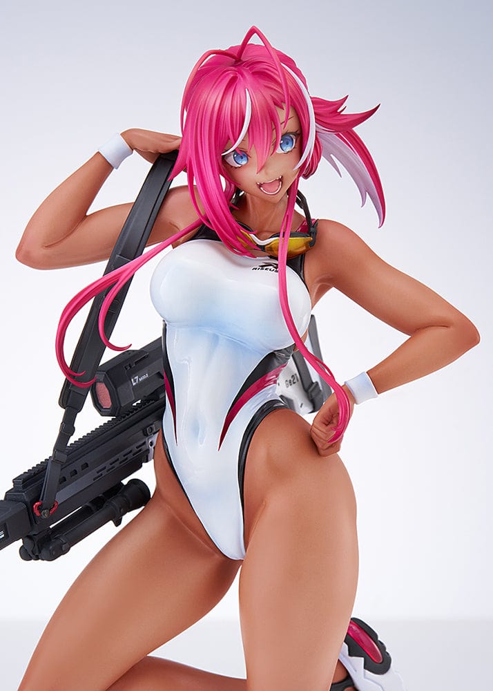 Arms Note Swim Team Anego-chan figure in a white swimsuit, pink hair, holding a large weapon on her back, standing on one leg with stylish platform sandals.