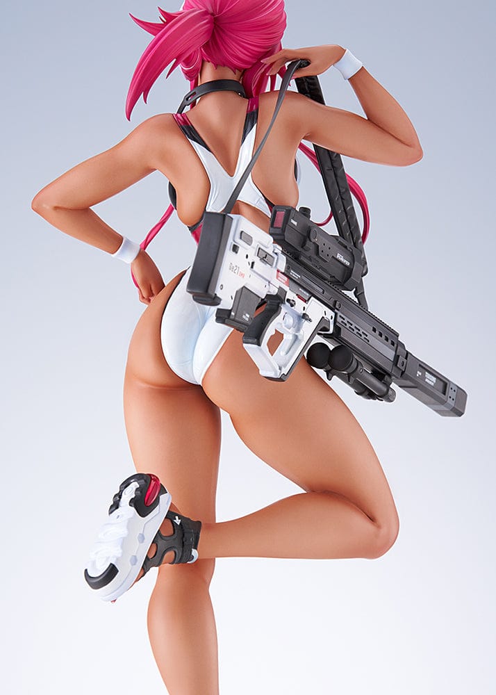 Arms Note Swim Team Anego-chan figure in a white swimsuit, pink hair, holding a large weapon on her back, standing on one leg with stylish platform sandals.