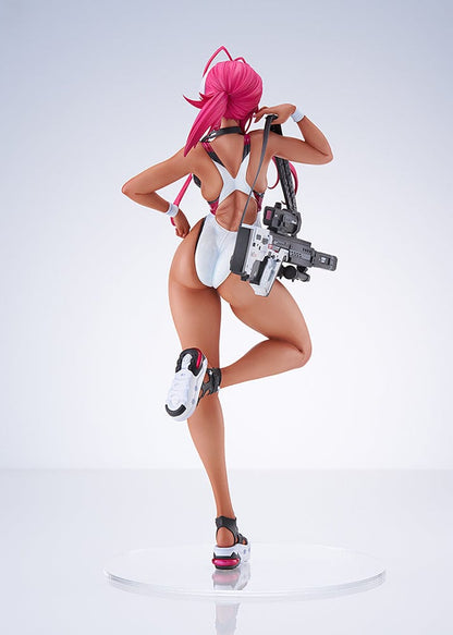 Arms Note Swim Team Anego-chan figure in a white swimsuit, pink hair, holding a large weapon on her back, standing on one leg with stylish platform sandals.