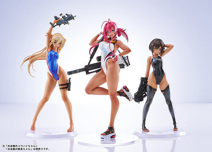 Arms Note Swim Team Anego-chan figure in a white swimsuit, pink hair, holding a large weapon on her back, standing on one leg with stylish platform sandals.