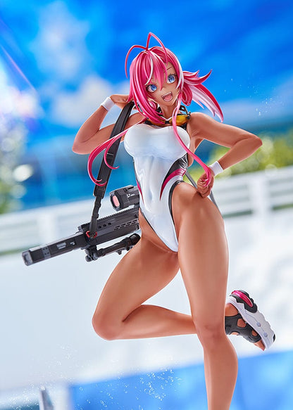 Arms Note Swim Team Anego-chan figure in a white swimsuit, pink hair, holding a large weapon on her back, standing on one leg with stylish platform sandals.