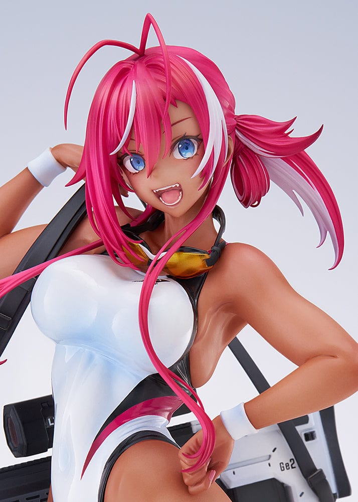 Arms Note Swim Team Anego-chan figure in a white swimsuit, pink hair, holding a large weapon on her back, standing on one leg with stylish platform sandals.