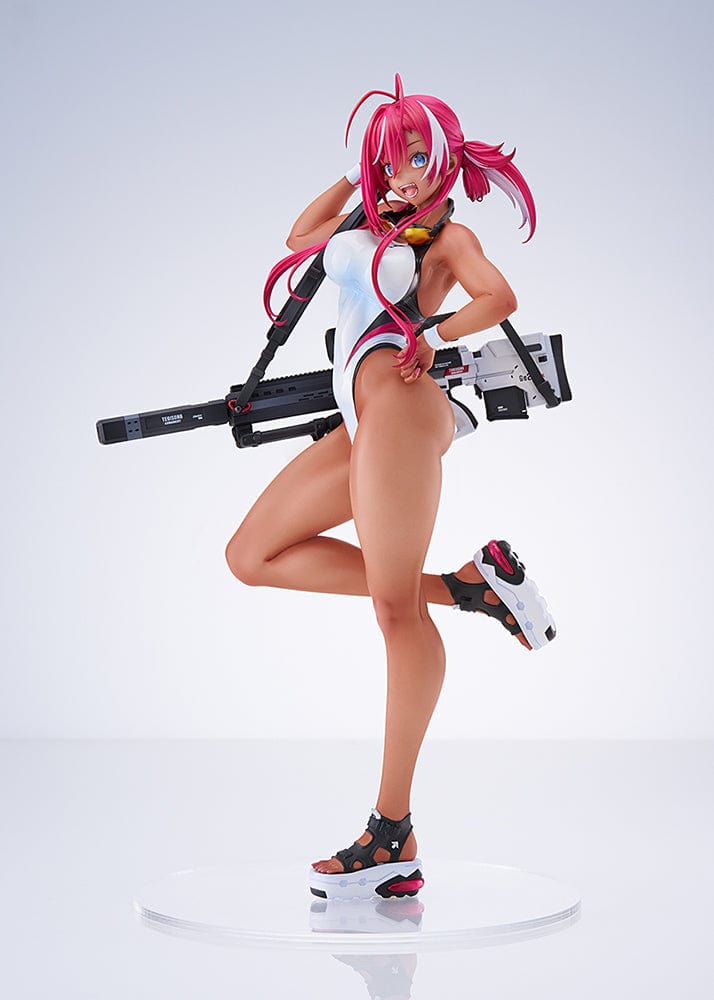 Arms Note Swim Team Anego-chan figure in a white swimsuit, pink hair, holding a large weapon on her back, standing on one leg with stylish platform sandals.