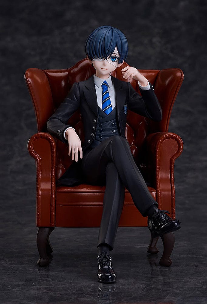 Black Butler: Boarding School Arc Ciel Phantomhive Figure seated in a detailed brown leather armchair, wearing a black suit with blue striped tie and polished shoes.