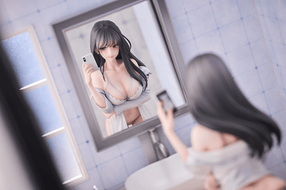 Hitomio Illustration Selfie Girl 1/6 Scale Figure featuring a young woman with black hair, draped shirt, and delicate lingerie, holding a smartphone for a selfie pose.