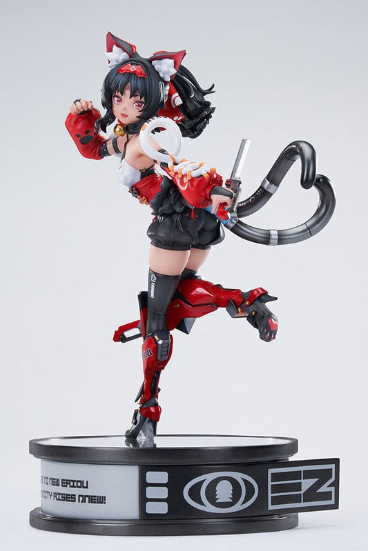 Zenless Zone Zero Nekomiya Mana 1/7 Complete Figure in red and black cyberpunk combat outfit, posed dynamically with mechanical limbs, feline ears, and a futuristic base.