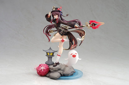 Genshin Impact Hu Tao (Fragrance in Thaw Ver.) 1/7 Scale Figure, featuring Hu Tao in a dynamic pose with her staff and ghost companion, standing on a detailed base with a lantern and flowers.