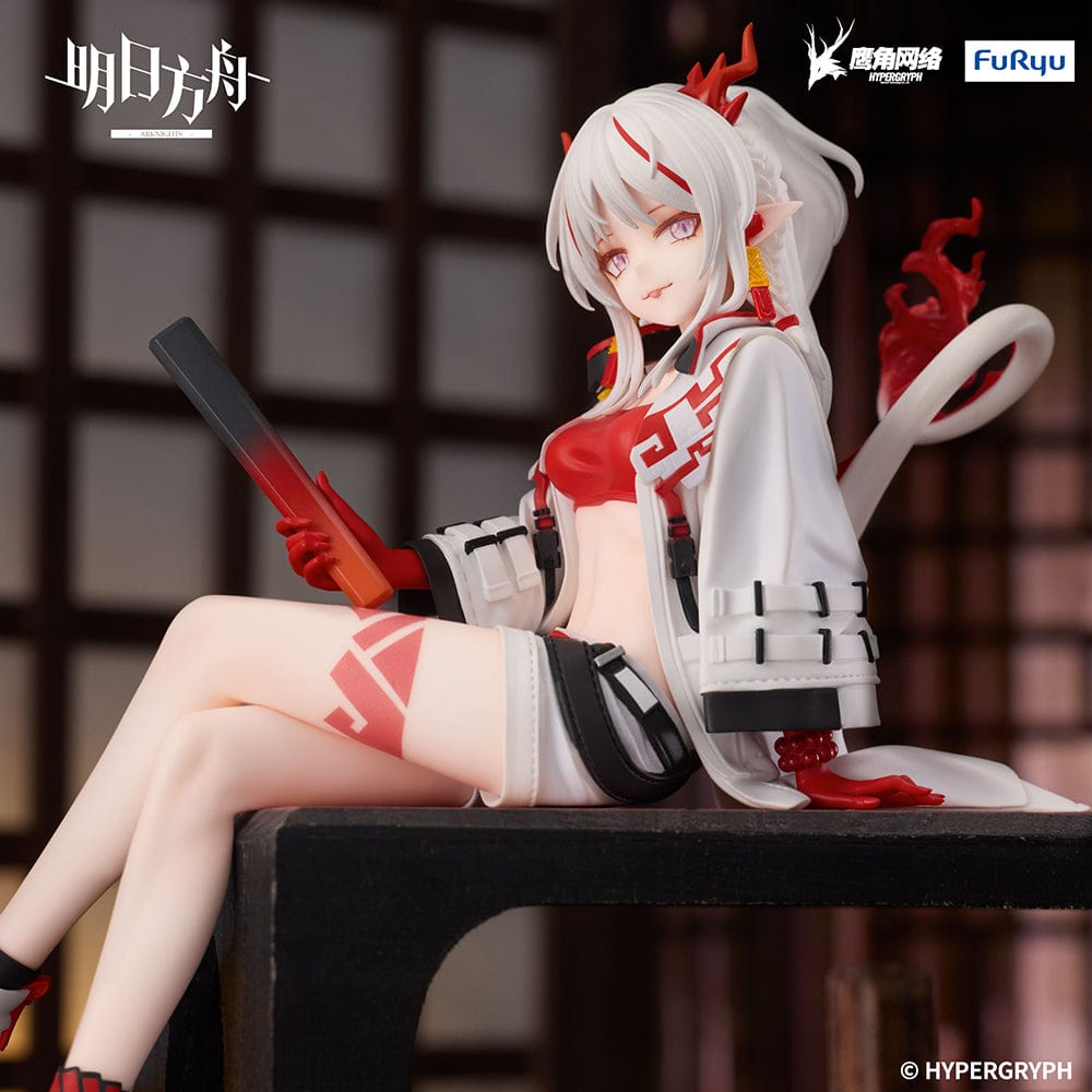 Arknights Nian Noodle Stopper Figure in stylish red and white outfit with dragon horns, seated in relaxed pose