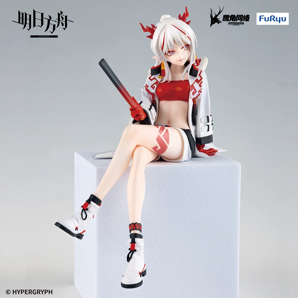 Arknights Nian Noodle Stopper Figure in stylish red and white outfit with dragon horns, seated in relaxed pose