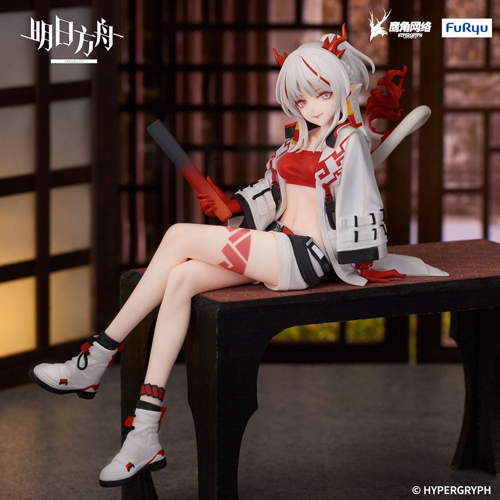 Arknights Nian Noodle Stopper Figure in stylish red and white outfit with dragon horns, seated in relaxed pose