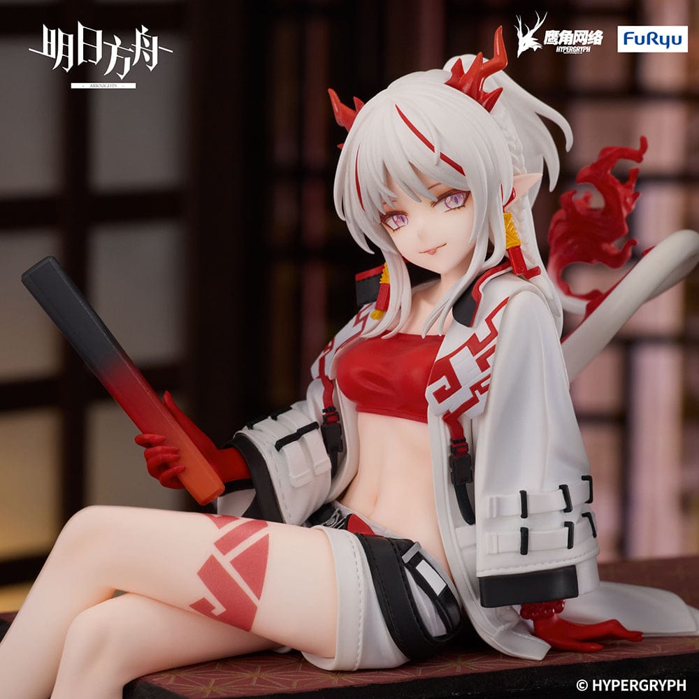 Arknights Nian Noodle Stopper Figure in stylish red and white outfit with dragon horns, seated in relaxed pose