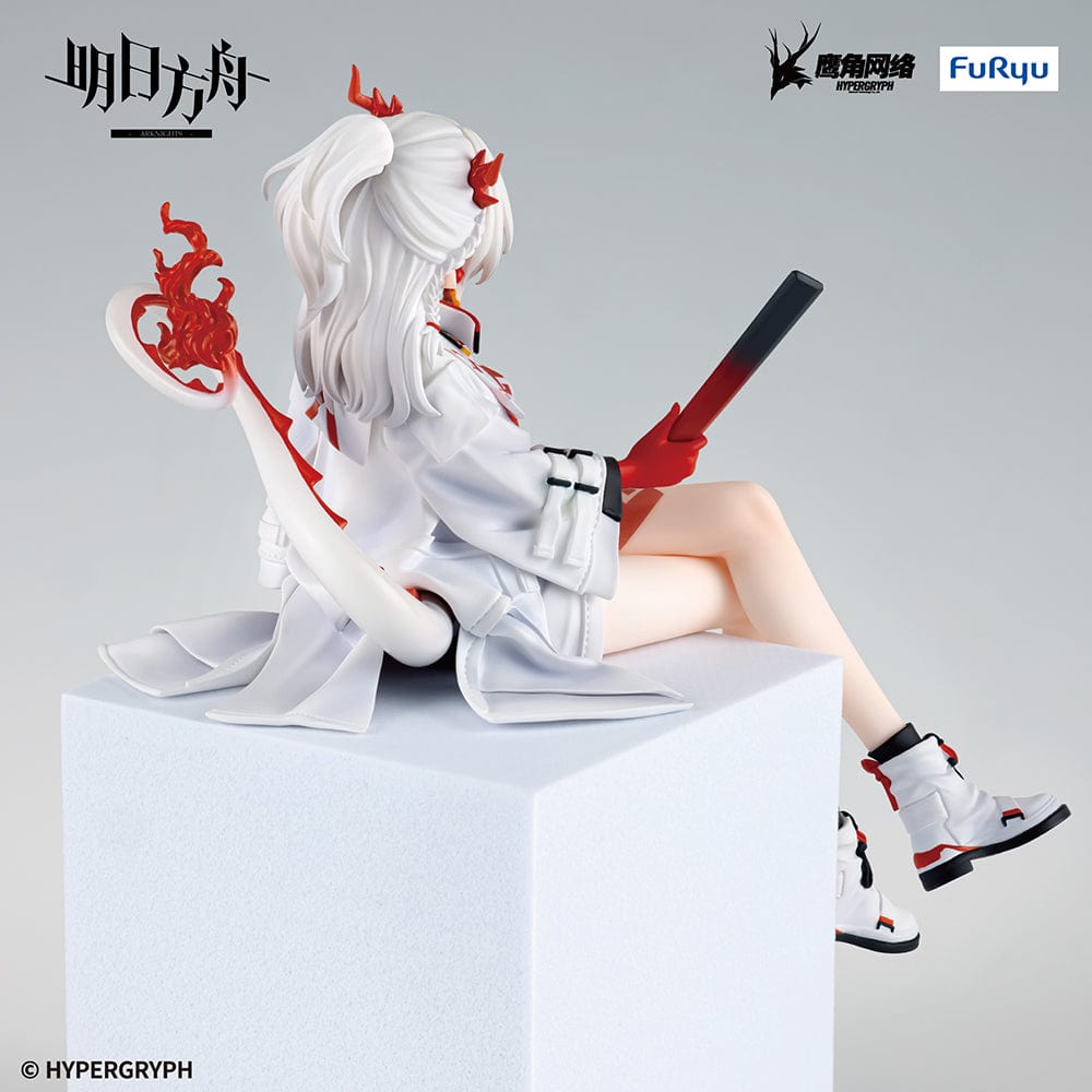 Arknights Nian Noodle Stopper Figure in stylish red and white outfit with dragon horns, seated in relaxed pose