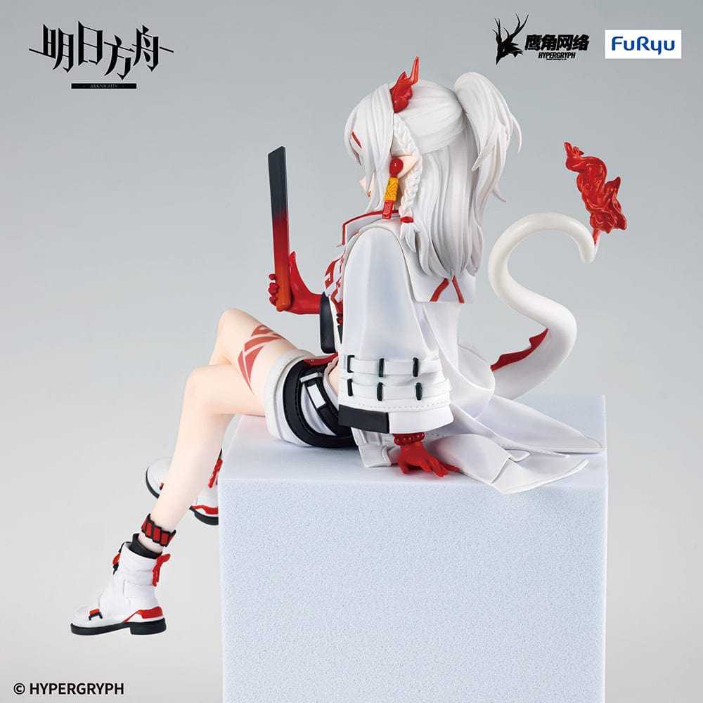 Arknights Nian Noodle Stopper Figure in stylish red and white outfit with dragon horns, seated in relaxed pose