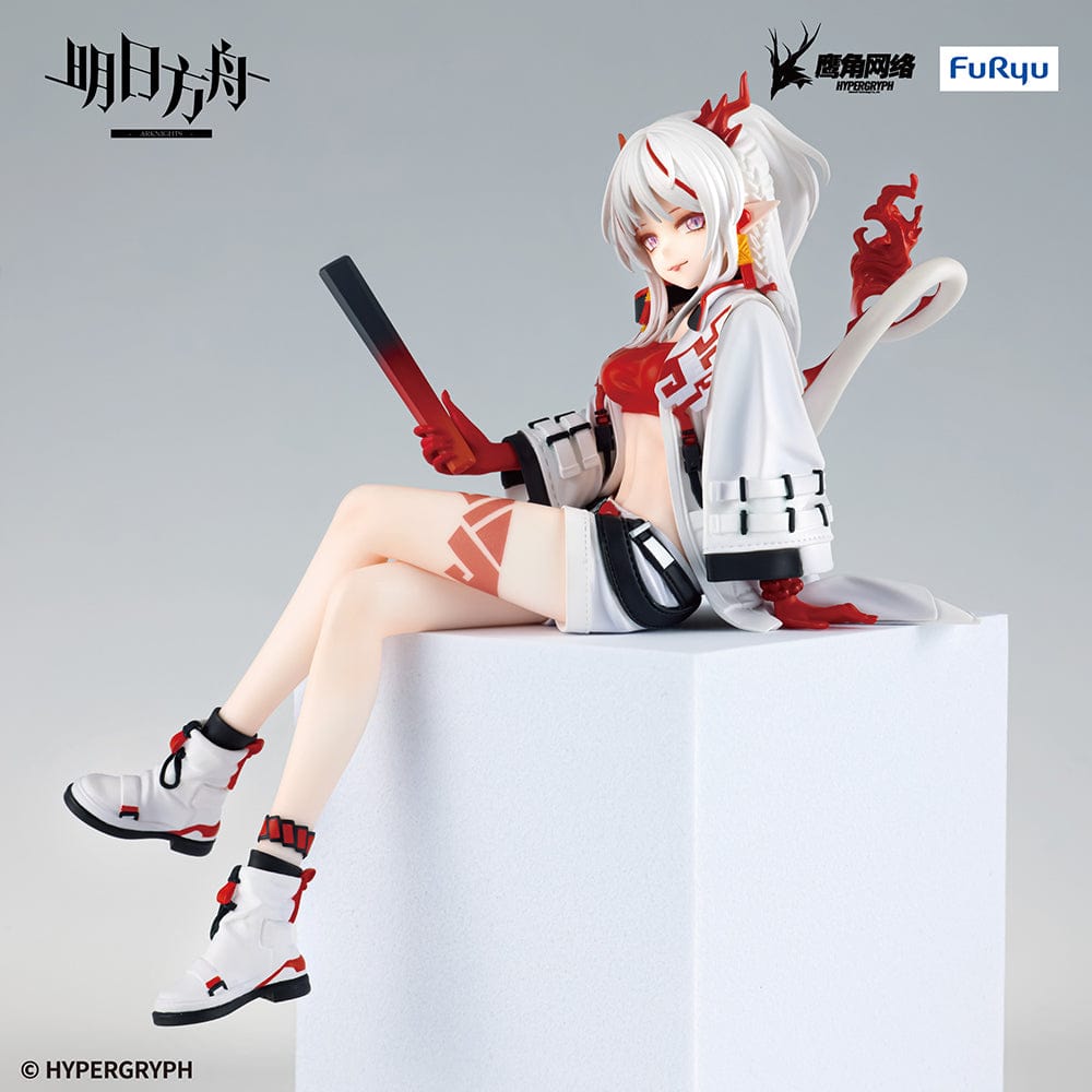 Arknights Nian Noodle Stopper Figure in stylish red and white outfit with dragon horns, seated in relaxed pose