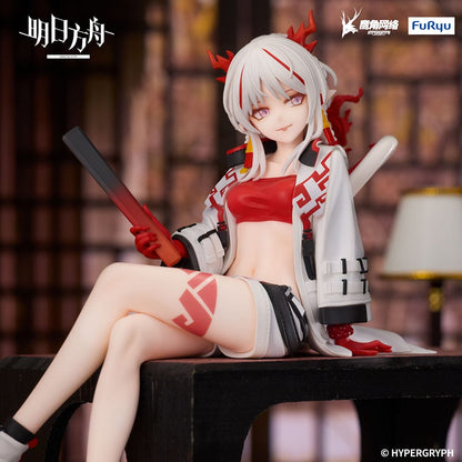 Arknights Nian Noodle Stopper Figure in stylish red and white outfit with dragon horns, seated in relaxed pose