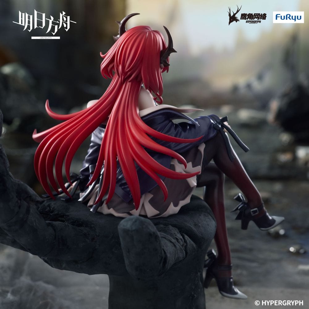 "Arknights Surtr Noodle Stopper Figure sitting on block with detailed outfit and flowing red hair"