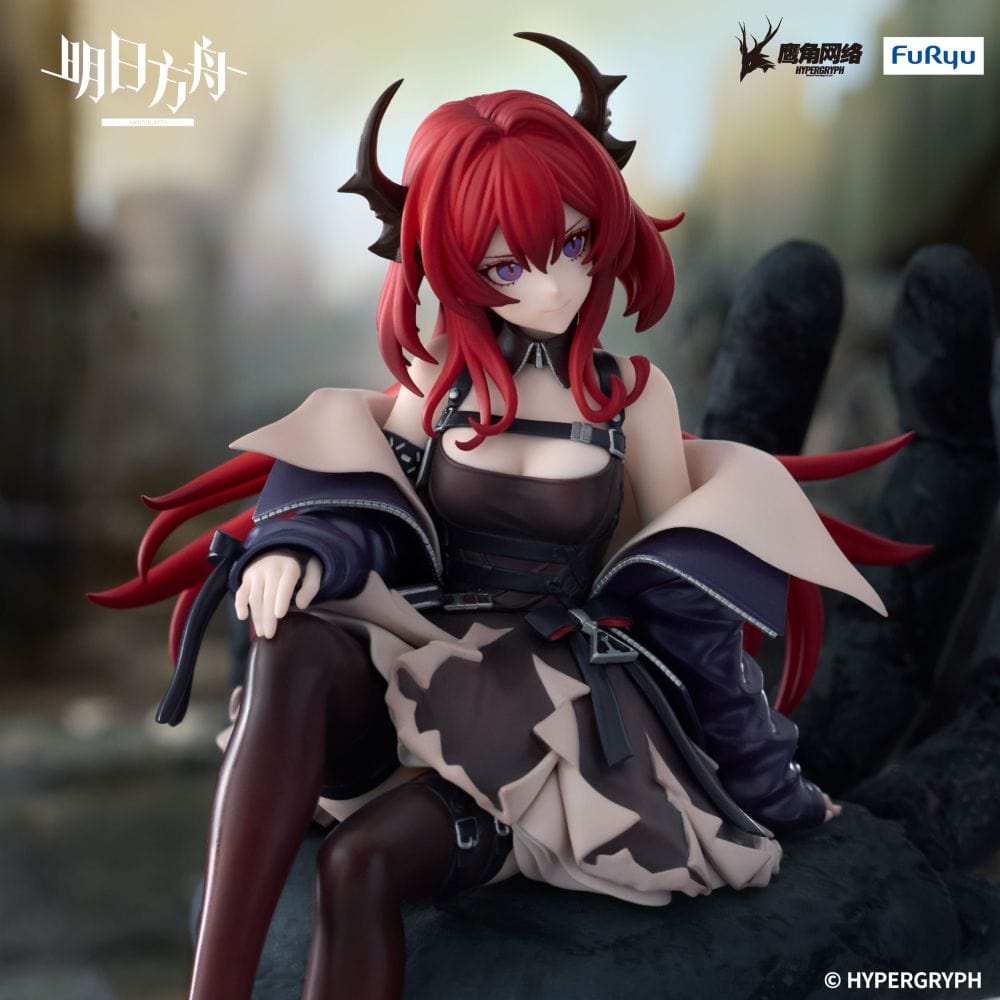 "Arknights Surtr Noodle Stopper Figure sitting on block with detailed outfit and flowing red hair"
